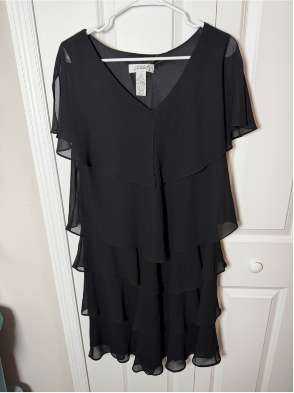 D'Albert Black Tiered Chiffon Dress Size 14 Vintage